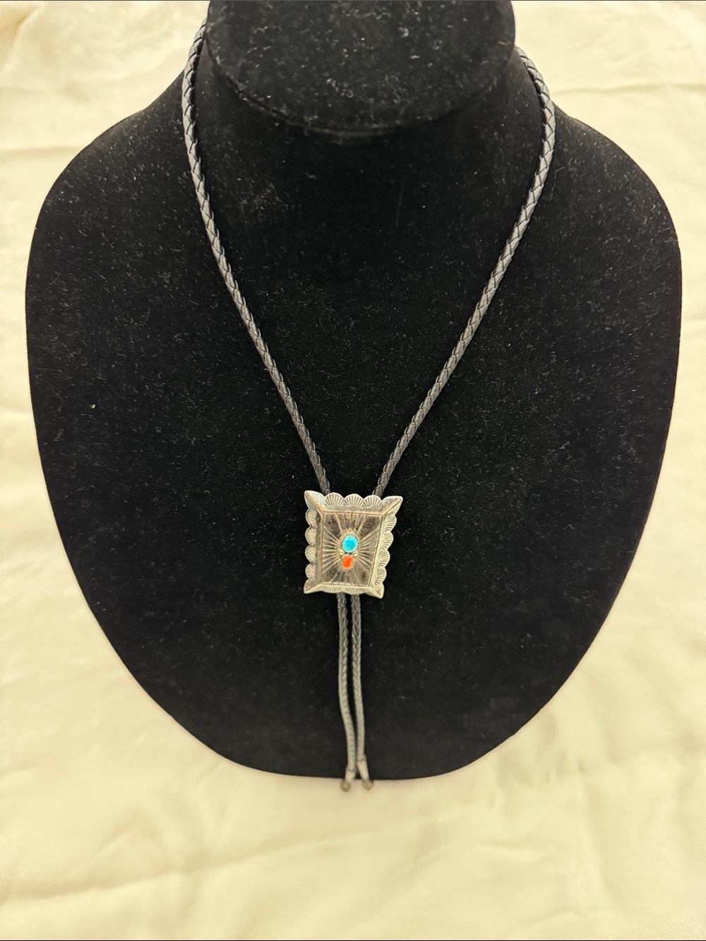 Sterling Turquoise & Coral vintage Bolo Tie by artist Jerry Rauc (sp) (mlb)